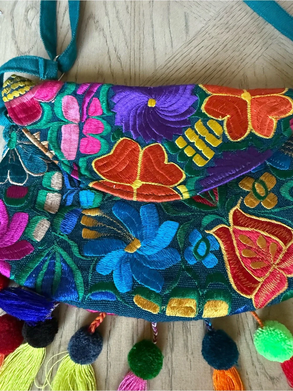 Colorful Floral Embroidered Crossbody Bag - Teal Strap